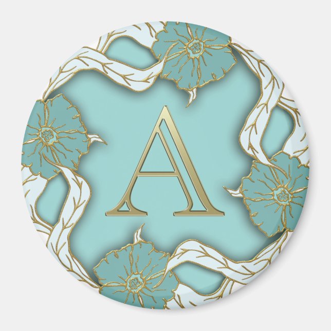 Aimant Élégant Floral Turquoise or lettre A (Devant)