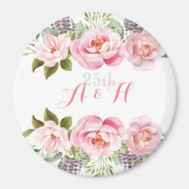Aimant Élégant monogramme de couronne de fleurs rose 25e  (Devant)