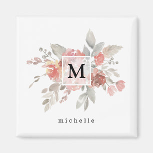 Aimant Élégant Monogramme floral rose pâle
