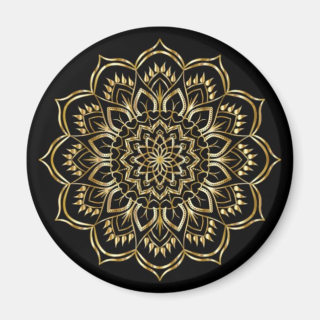 Aimant Élégant Motif de Mandala Floral Noir et Or (Devant)
