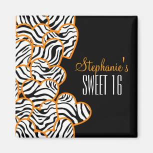 Aimant Élégant Orange Sweet 16 Zebra Heart Design Nom