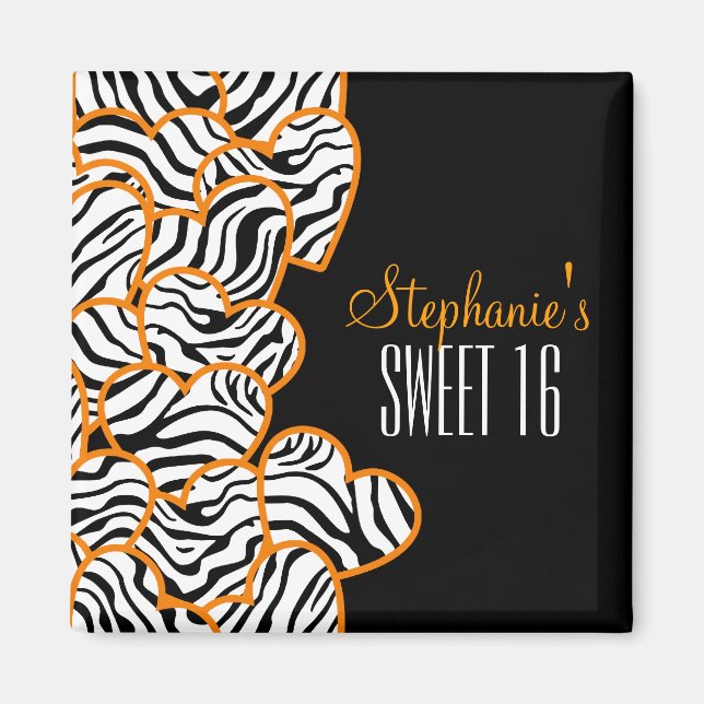 Aimant Élégant Orange Sweet 16 Zebra Heart Design Nom (Devant)