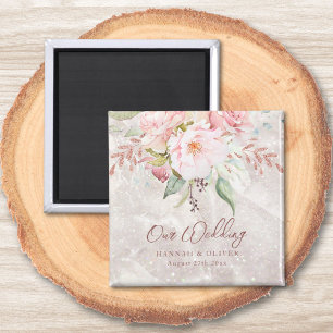 Aimant Elégant rose rose Peony Floral Marbre Mariage