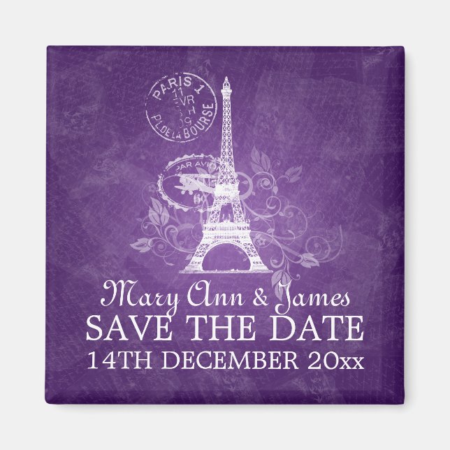 Aimant Élégant Sauver La Date Romantique Paris Purple (Devant)