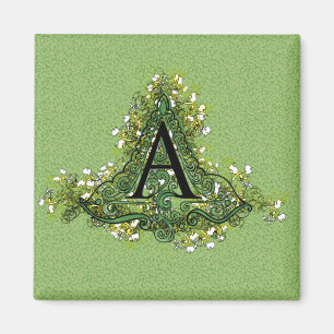 Aimant Élégant vert Vintage Floral initial Un monogramme