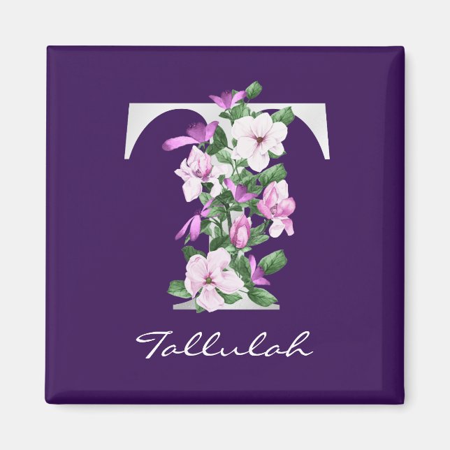 Aimant Élégant violet floral blanc métallique T Monogramm (Devant)