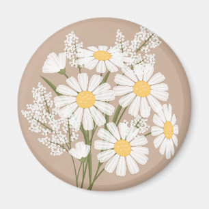 Aimant Elégante marguerite florale blanche sur beige