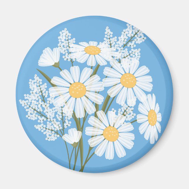 Aimant Elégante marguerite florale blanche sur bleu (Devant)
