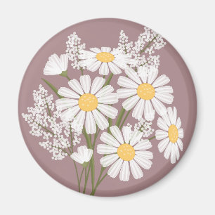 Aimant Élégante marguerite florale blanche sur Rosy Brown