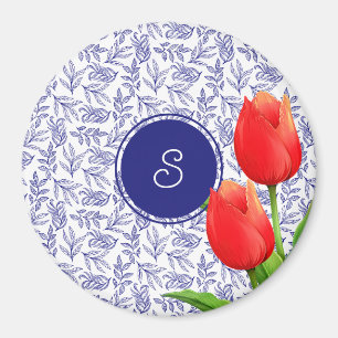 Aimant Élégantes Tulipes Rouges Printemps Floral Blue Mon
