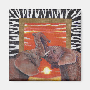 Aimant Elephant en amour coucher de soleil et zèbre Impri