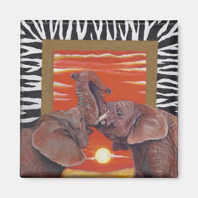 Aimant Elephant en amour coucher de soleil et zèbre Impri (Devant)