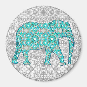 Aimant Eléphant fleur Mandala - turquoise, gris & blanc