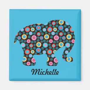 Aimant Eléphant Motif Fleur sur Bleu Personnalisé