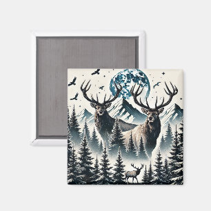 Aimant Elk dans une forêt mystique sous une montagne lune