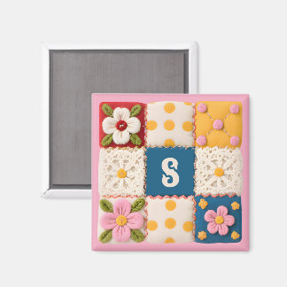 Aimant Embroidered Lace and Flowers Monogram Quilt Block