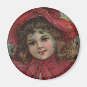 Aimant Enfant de Noël Vintage avec robe victorienne rouge