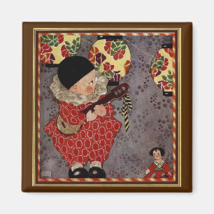 Aimant Enfant vintage arlequin, musicien jouant du banjo