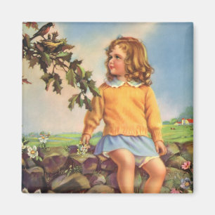 Aimant Enfant vintage, Fille observant les oiseaux dans l