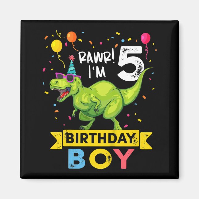 Aimant Enfants 5 ans 5e anniversaire garçon T Rex Dinosau (Devant)