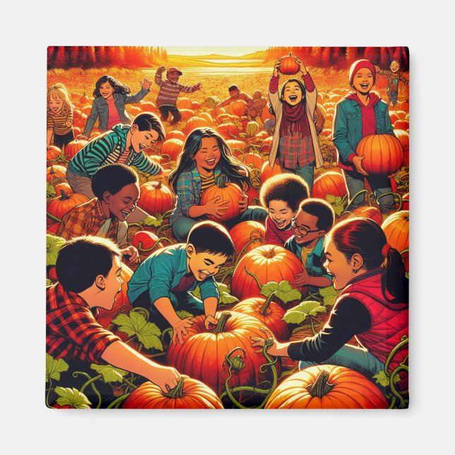 Aimant Enfants s'amuser à la Citrouille Patch Halloween (Devant)