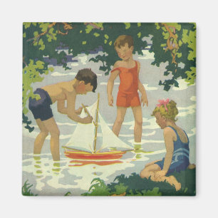 Aimant Enfants vintage jouant avec des voiliers jouets su
