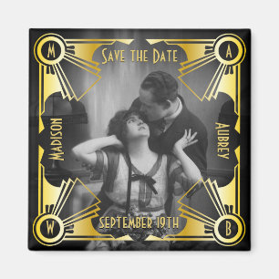 Aimant Enregistrer la date Art Déco Mariage Gold & Black 