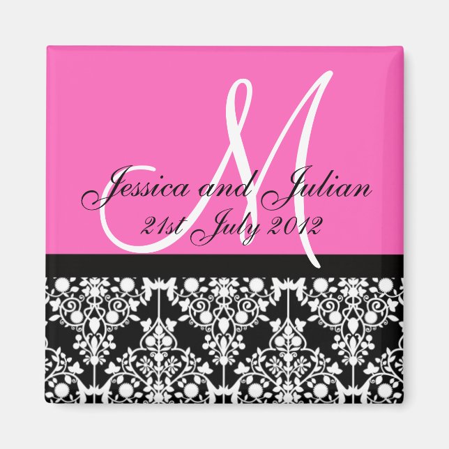 Aimant Enregistrer La Date Monogramme Noir/Rose Damask Tr (Devant)