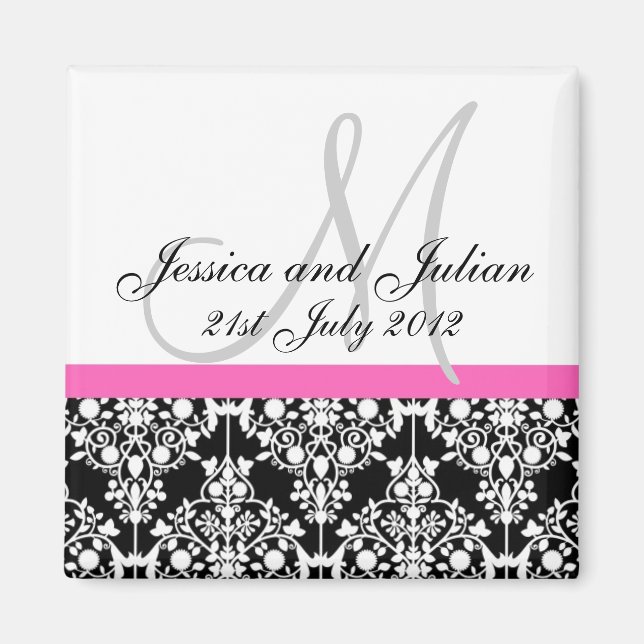 Aimant Enregistrer La Date Monogramme Noir/Rose Damask Tr (Devant)