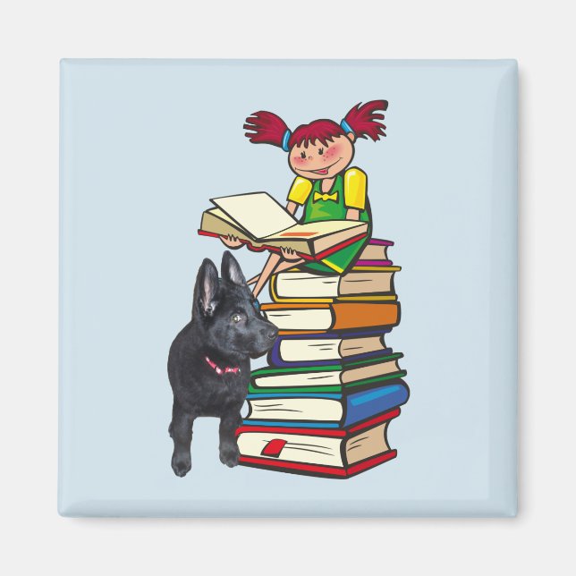 Aimant Étudiez Buddy Puppy avec School Girl on Books, ZKO (Devant)