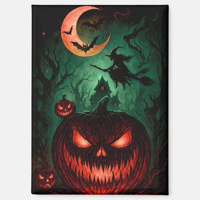 Aimant Evil Pumpkin Under Blood Moon | Witch Flying Hallo (Recto)