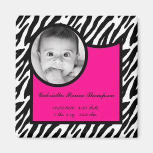 Aimant faire-part de naissance 2"x2" Hot rose Zebra
