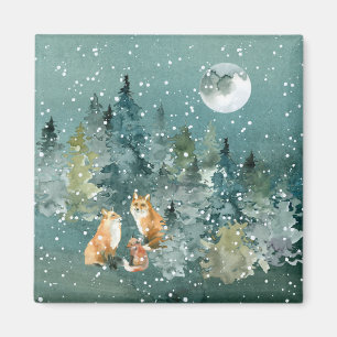 Aimant Famille Fox en forêt Pleine lune neige