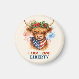 Aimant Farm Fresh Liberty Highland Cow Patriotic USA Art