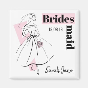 Aimant Fashion Bride Pink Bridesmaid Date Nom carré