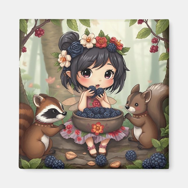 Aimant Fée Chibi mangeant des mûres avec des amis de la f (Devant)