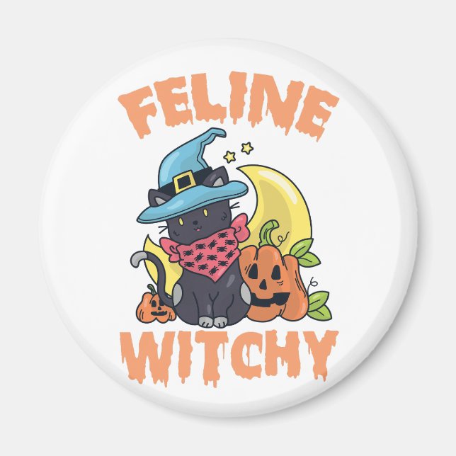 Aimant Feline Witchy Funny Éffrayant Halloween Chat Kitte (Devant)