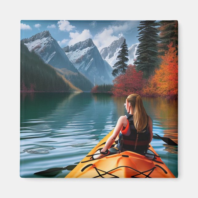 Aimant Femme à Kayak Flottant sur le magnifique lac (Devant)