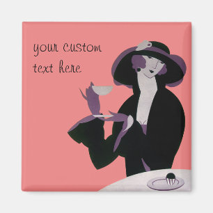 Aimant Femme Art Déco vintage, Thé d'après-midi et Cupcak