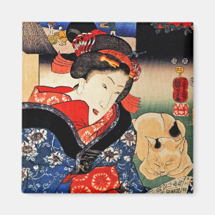 Aimant Femme avec le chat - art japonais - Utagawa