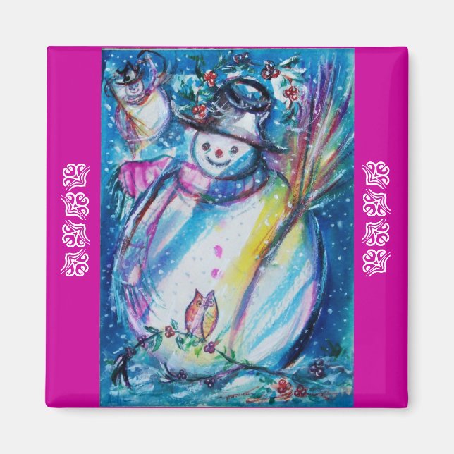 Aimant FEMME DE NEIGE AVEC BOUTEILLE EN HIVER PÂTE Bleu (Devant)