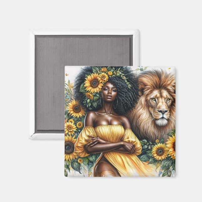 Aimant Femme Noire Sunflower avec Lion Leo Art (Recto/Verso)