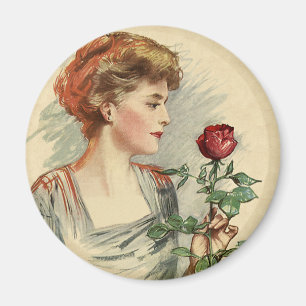 Aimant Femme victorienne vintage rose rouge fleur florale