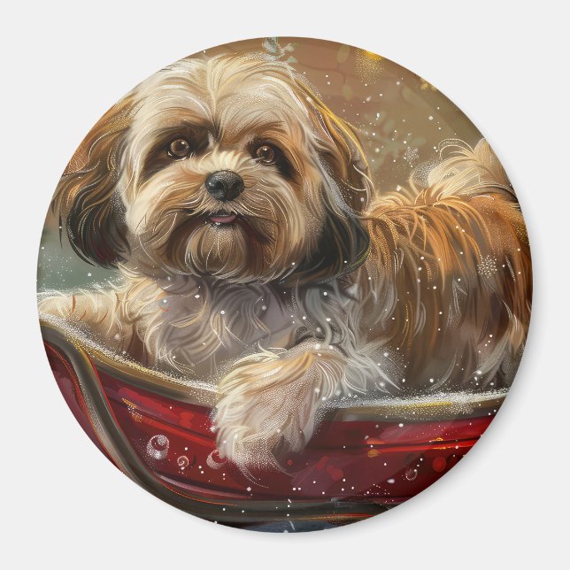 Aimant Festive de Noël de chien Lhasa Apso (Devant)