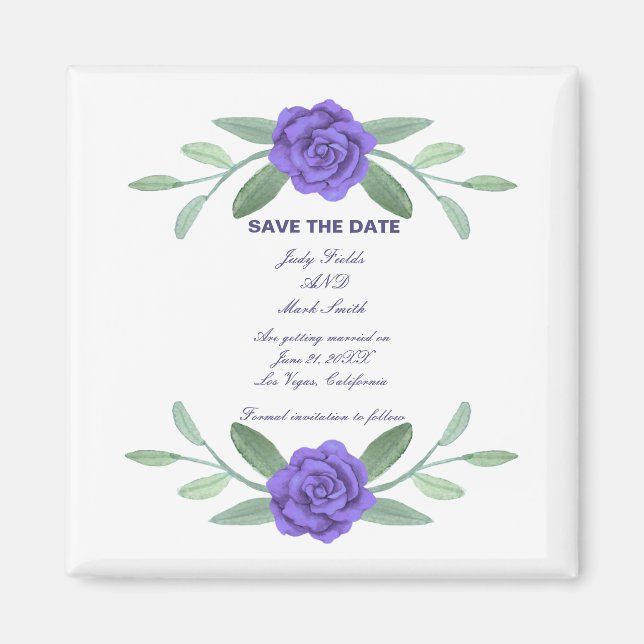 Aimant Feuillage Floral Bleu Violet Économisez La Date (Devant)