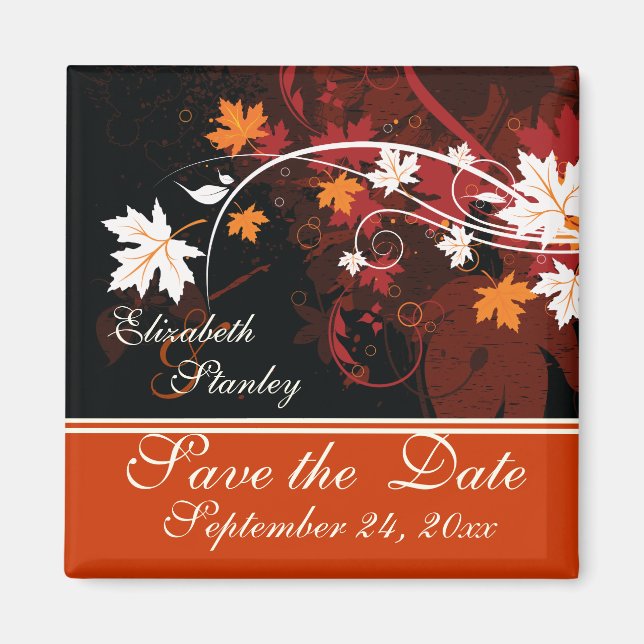 Aimant Feuilles d'automne orange rouge blanc mariage Enre (Devant)