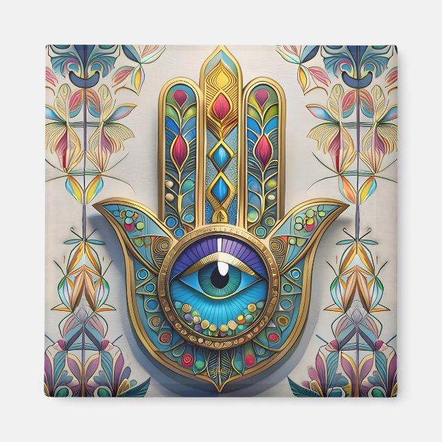 Aimant Filigree couleur or bleu-vert troisième oeil Hamsa (Devant)