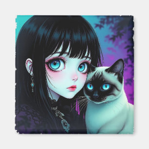 Aimant Fille Anime et Chat Siamois
