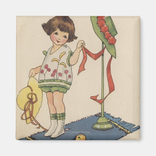 Aimant Fille avec Casquette jaune et poussette (Devant)