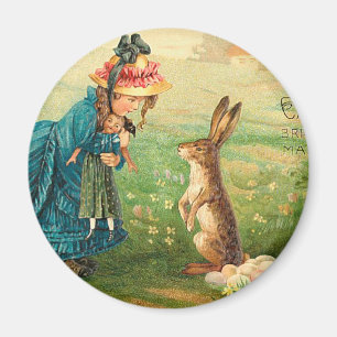 Aimant Fille avec poupée et lapin Pâques Vintages